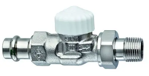 Thermostatventil mit verchromter Oberfläche und einem weißen Handrad. Hersteller: IMI Hydronic Engineering. Anschlussmöglichkeiten für Heizungsleitungen.